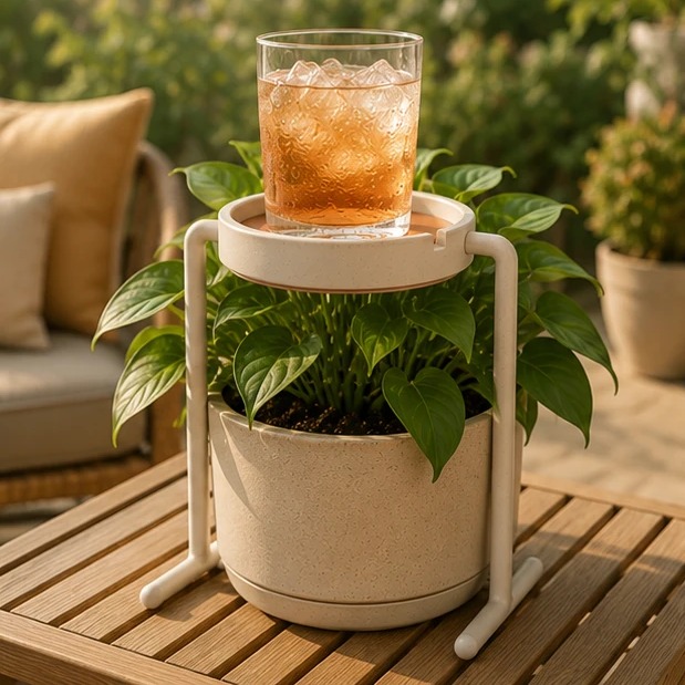 A cold drink on the Quench coaster above a potted plant